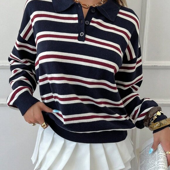 Navy Blue Casual Women's collar Striped knit Sweater top - Picture 3 of 7